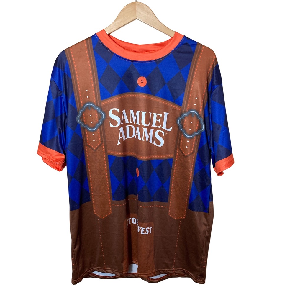 Samuel Adams Mens L Oktoberfest Lederhosen Graphic Performance Shirt Blue Orange